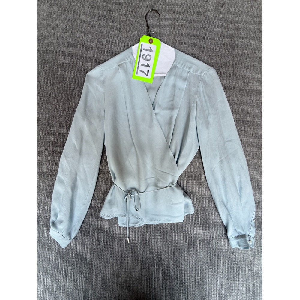 Max Mara Wrap Blouse Top Womens Light Blue Tie Waist Long Sleeve Quiet Luxury